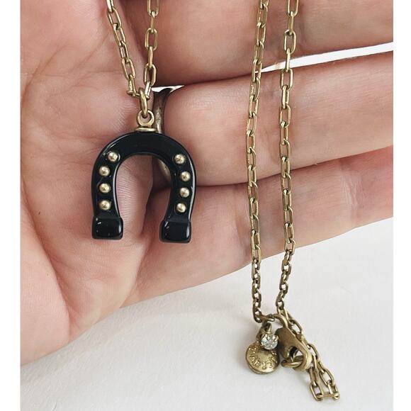 J. Crew Designer Gold Tone Horseshoe Black Pendant Necklace 27” Hoof Brass Tone - Picture 1 of 16